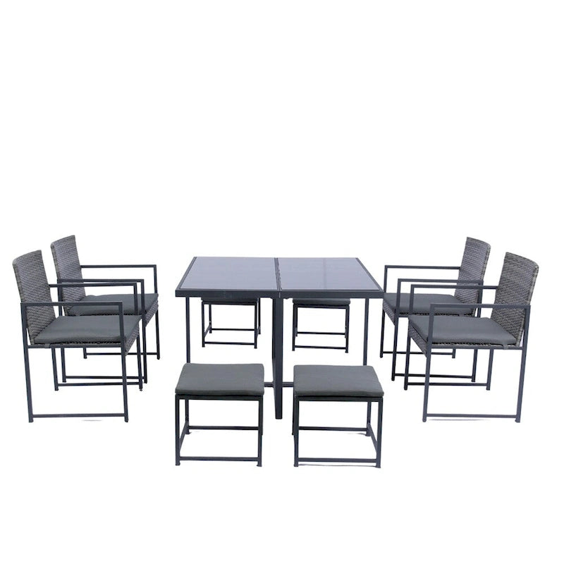 Ensemble de 9 chaises de jardin en rotin avec table en verre et coussins