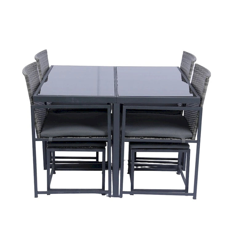 Ensemble de 9 chaises de jardin en rotin avec table en verre et coussins