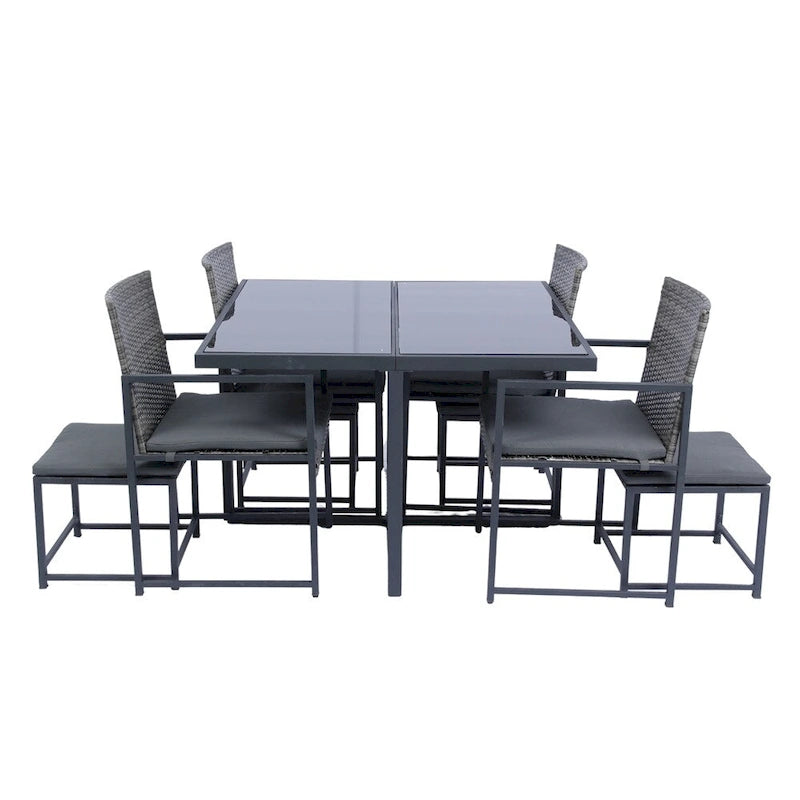 Ensemble de 9 chaises de jardin en rotin avec table en verre et coussins