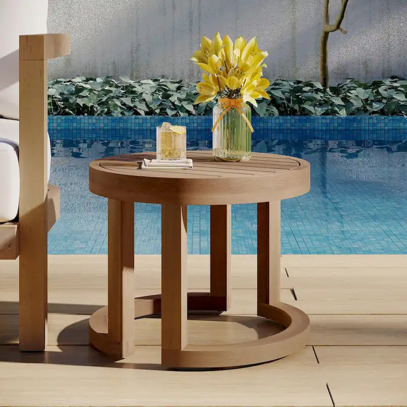 Table d'appoint d'extérieur en bois d'acacia, table d'appoint solide de 18 po pour patio, piscine, véranda (brun délavé)