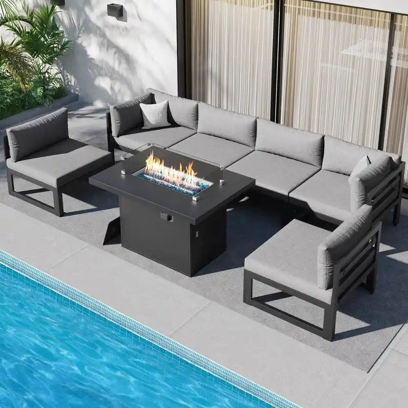 Ensemble de mobilier de patio surdimensionné 7 pièces FINCATI en aluminium avec table brasero de 43 po pour jardin, terrasse et arrière-cour