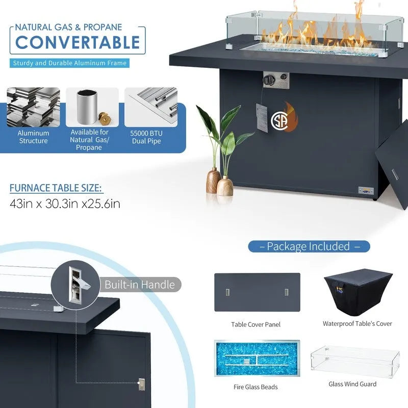 Ensemble de mobilier de patio surdimensionné 7 pièces FINCATI en aluminium avec table brasero de 43 po pour jardin, terrasse et arrière-cour