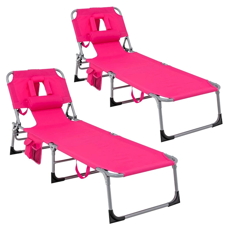 1/2 PIÈCES Chaise longue de plage pliable avec oreiller rose