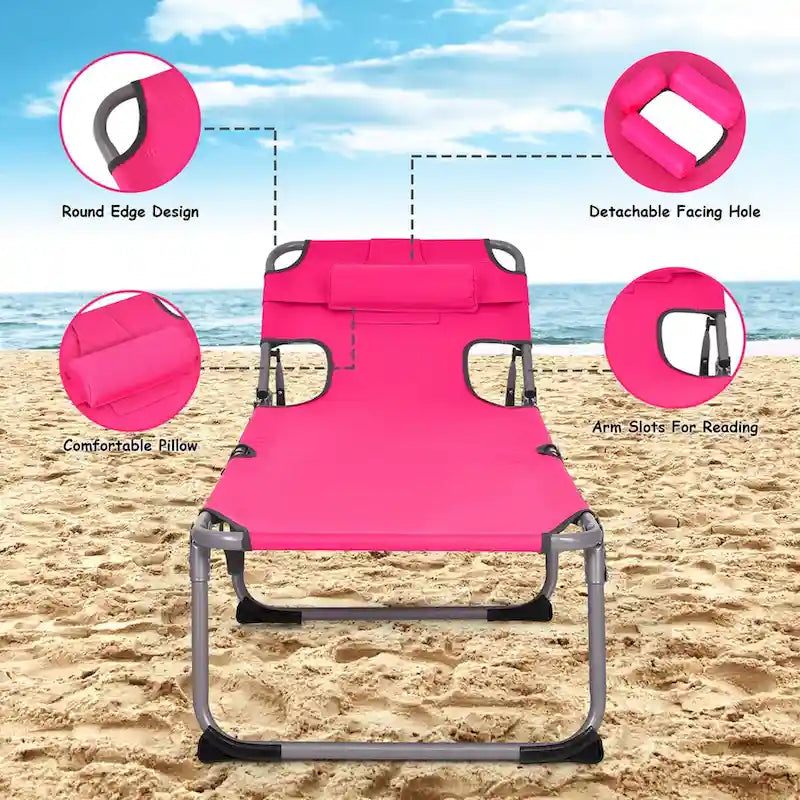 1/2 PIÈCES Chaise longue de plage pliable avec oreiller rose