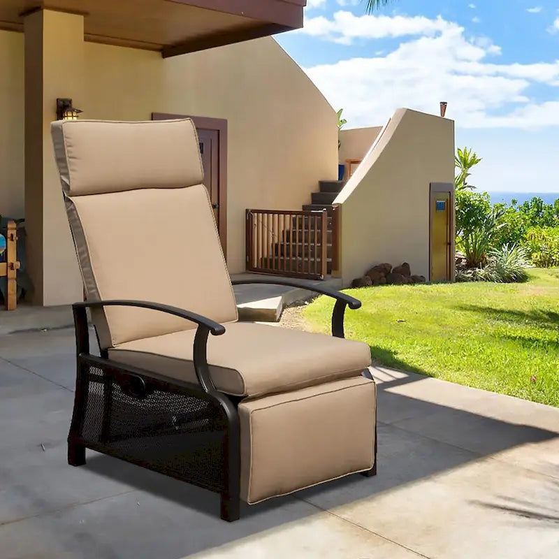 Adjustable Patio Recliner Chair Metal Outdoor Lounge Chair with Flip Table Push Back, Adjustable Angle