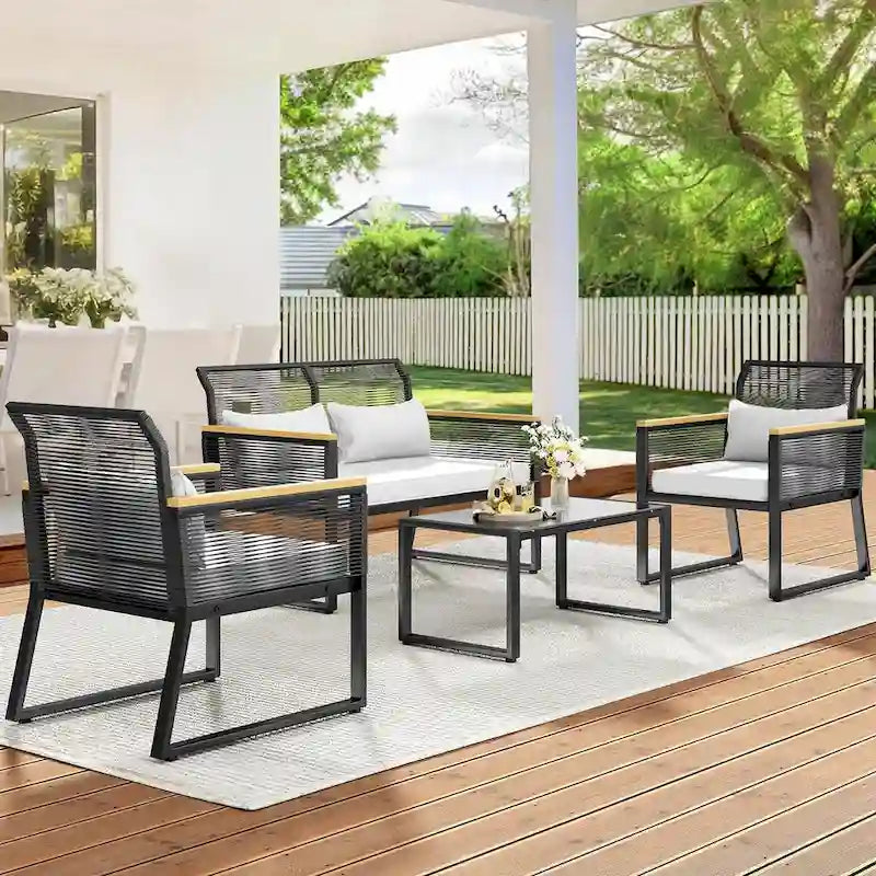 Moasis 4-Piece Patio Furniture Wicker Outdoor Bistro Set Rattan Conversation Loveseat - 27.9L x 23.2W x 30.7H