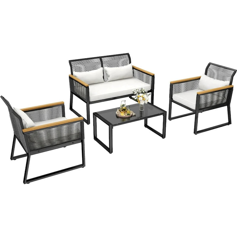 Moasis Salon de bistro d'extérieur en osier 4 pièces, ensemble de conversation en rotin - 27,9 L x 23,2 l x 30,7 H