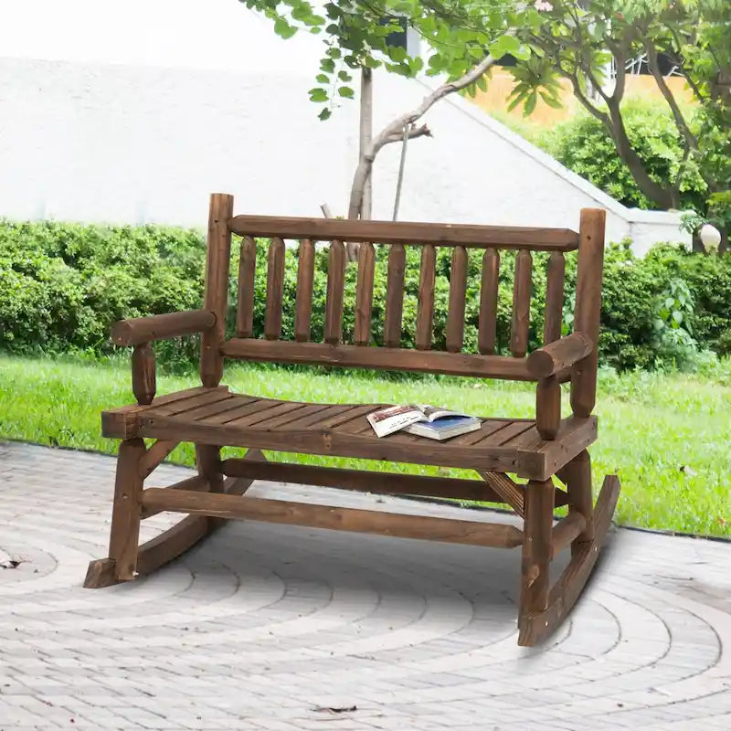 Outdoor Log Design 2-Person Rocking Chair, Wooden Loveseat with Wide Curved Seats