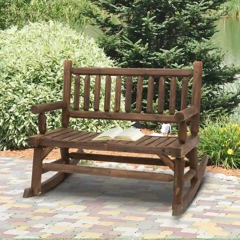 Fauteuil à bascule extérieur 2 places en rondins, causeuse en bois avec de larges sièges incurvés