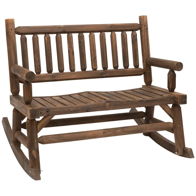 Fauteuil à bascule extérieur 2 places en rondins, causeuse en bois avec de larges sièges incurvés