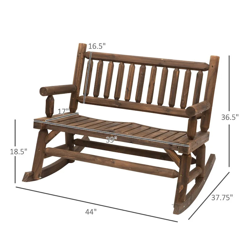 Fauteuil à bascule extérieur 2 places en rondins, causeuse en bois avec de larges sièges incurvés