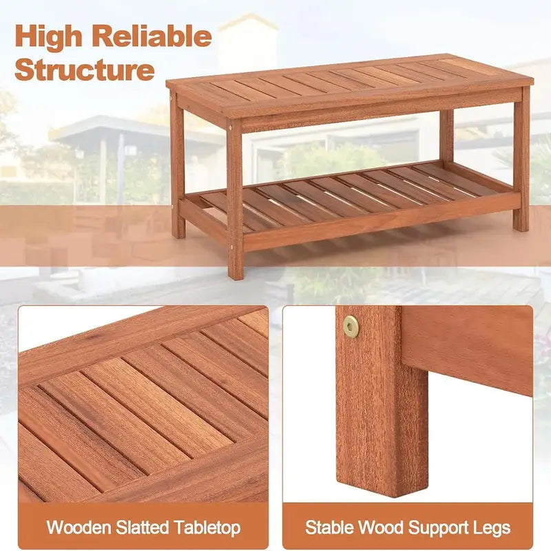 Table basse de patio à 2 niveaux en bois avec étagère de rangement