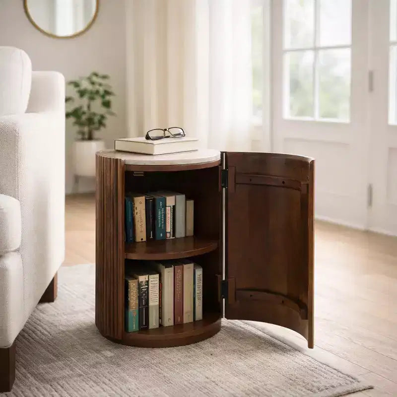 Table d'appoint décorative en bois nervuré avec plateau en marbre et rangement - Petite table d'appoint pour la décoration de la chambre ou du salon