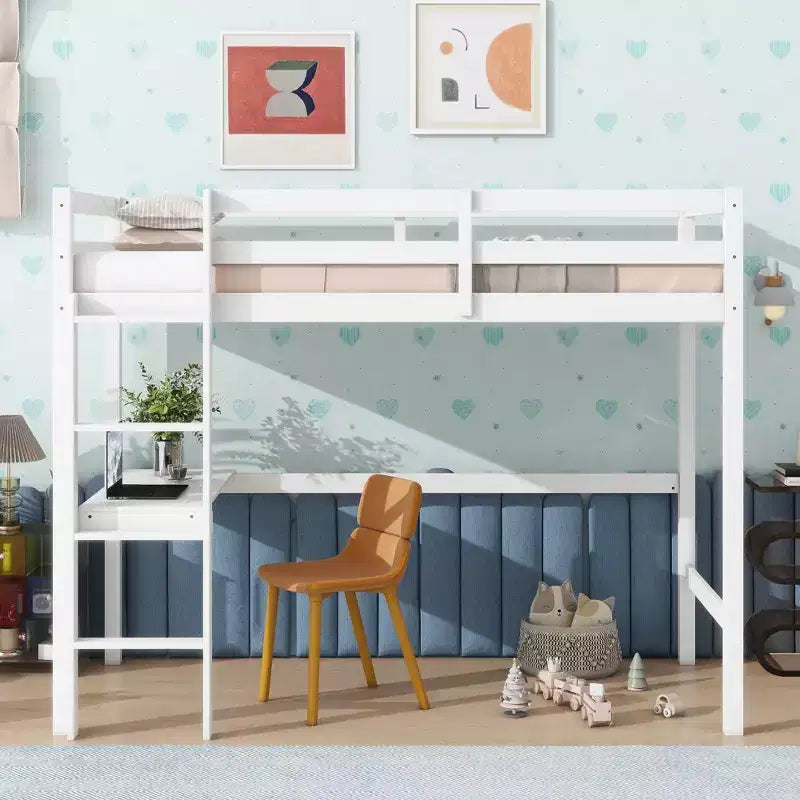 Lit mezzanine Okak Minimalism avec échelle, lit mezzanine simple en bois d'hévéa avec garde-corps de sécurité et bureau intégré, cadres de lit pour enfants, adolescents