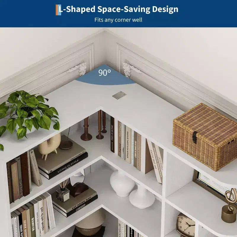Étagère d'angle, étagères d'angle hautes de 74 po, bibliothèque en L à 6 niveaux avec étagères ouvertes et tiroirs de rangement pour le salon ou le bureau à domicile