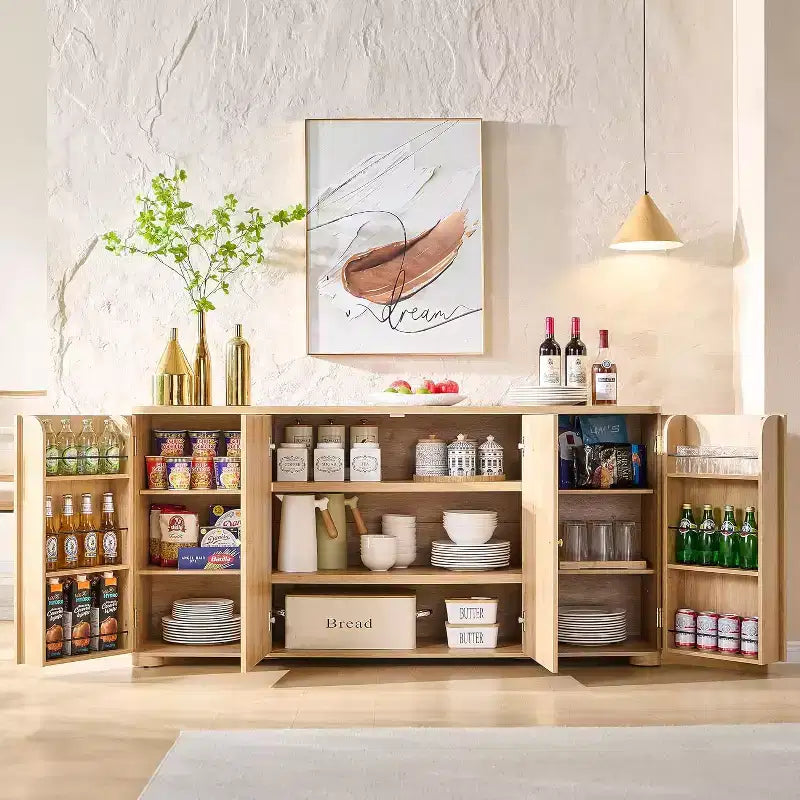 Buffet de cuisine avec 4 portes et étagères, grand buffet de rangement moderne, buffet de rangement de 66 po pour bar à café