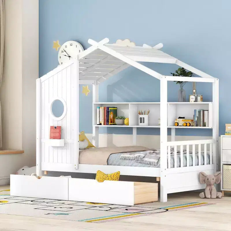 Lit cabane en bois double/complet avec 2 tiroirs, lit pour enfants avec étagère de rangement - ModernLuxe