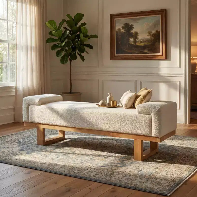 Banc rembourré Paulina moderne en bois d'hévéa et tissu bouclé Christopher Knight Home