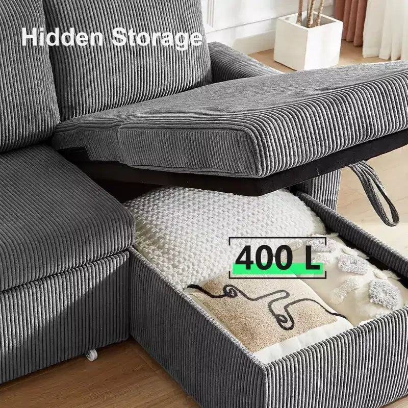 Canapé-lit Dyonery 2-en-1 avec méridienne de rangement, canapé sectionnel en velours côtelé avec ports USB pour salon