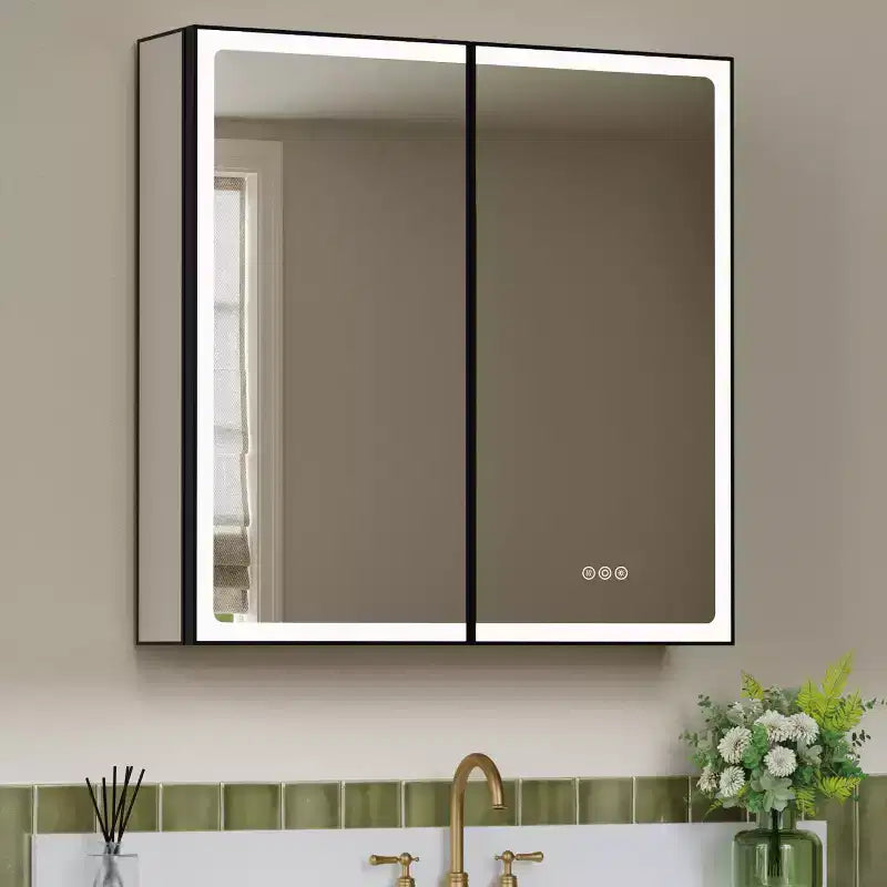 Armoire de toilette avec miroir LED, montage en saillie ou encastré, lumière dimmable, anti-buée, étagères réglables