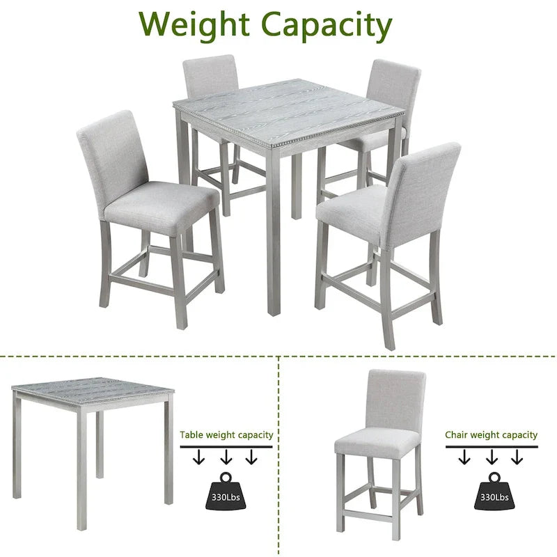 Ensemble de salle à manger moderne 5 pièces avec table carrée hauteur comptoir et 4 chaises rembourrées