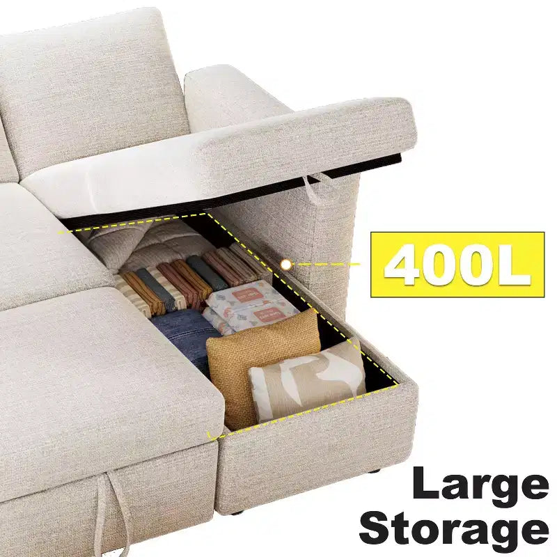 Canapé-lit sectionnel Dyonery 81, canapé-lit escamotable en forme de L avec méridienne de rangement réversible, USB, dossier inclinable