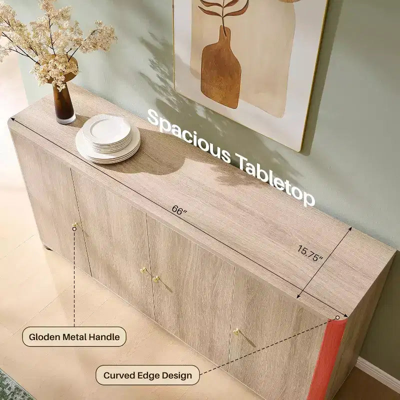 Buffet de cuisine avec 4 portes et étagères, grand buffet de rangement moderne, buffet de rangement de 66 po pour bar à café
