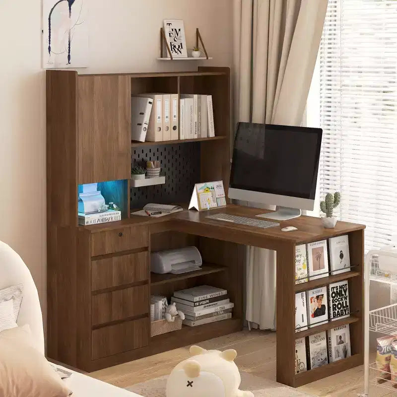 Bureau d'angle en L de 46 pouces avec bibliothèque et tiroirs