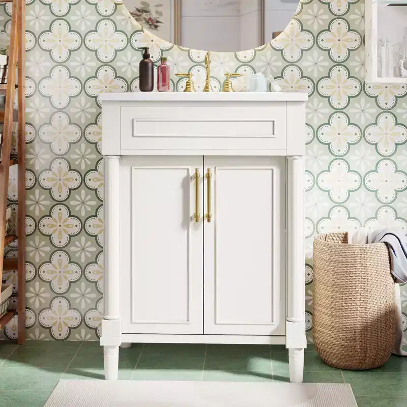 Meuble-lavabo de 24 po avec évier en céramique, armoire Shaker, 2 portes à fermeture amortie, cadre en bois massif pour petite salle de bain ou salle d'eau