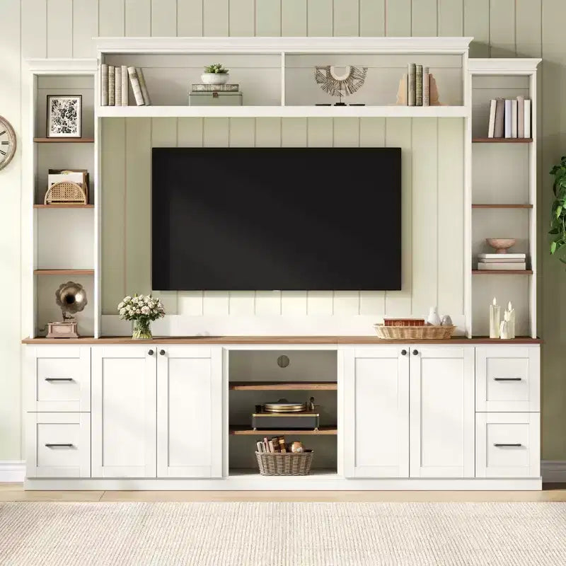 Meuble TV mural 4-en-1 ModernLuxe de style campagnard, convient aux téléviseurs jusqu'à 70 pouces, meuble TV console multimédia avec étagères réglables et tiroirs