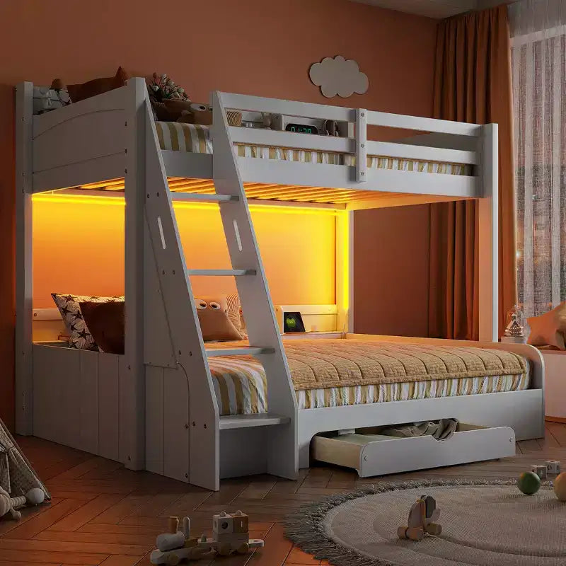 Lit superposé double sur toute la longueur avec rangement, lumières LED et station de charge, lit superposé en bois avec étagères latérales pour enfants et adolescents