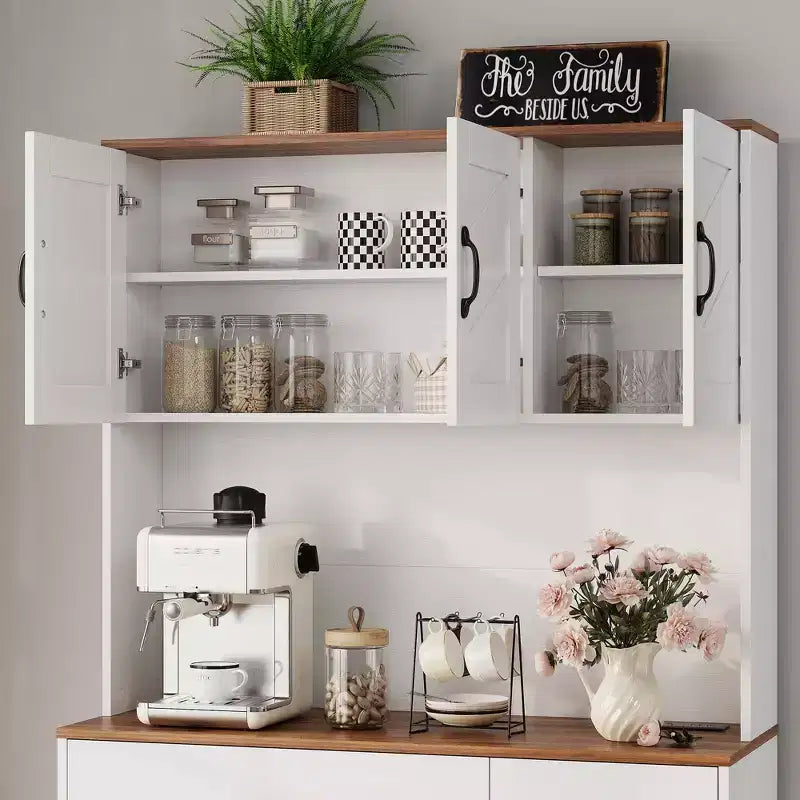 Meuble de cuisine de 71 pouces avec station de recharge, grand plan de travail, support à micro-ondes et 2 tiroirs, rangement de type « hutch » pour salle à manger et salon