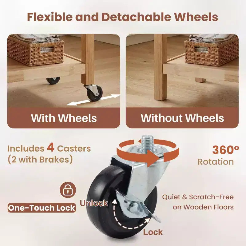 Desserte de cuisine roulante avec plateau en marbre, îlot de cuisine en bois massif avec 2 tiroirs, chariot de cuisine à 3 niveaux avec roues détachables verrouillables et porte-serviettes