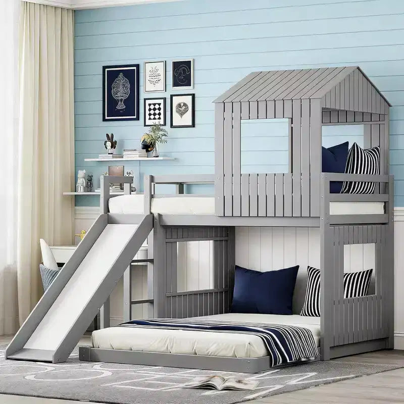 Lit superposé en bois Luxystar avec maisonnette, toboggan et barrières de sécurité, double sur grand lit
