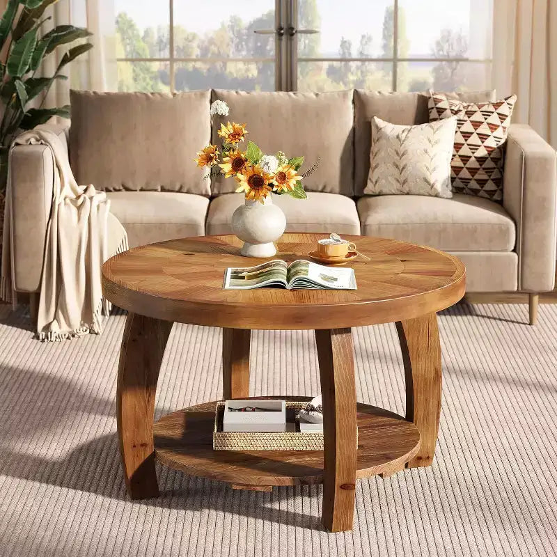 Table basse ronde en bois massif Lantine, table centrale à 2 niveaux avec rangement, plateau de 80 cm avec motif mosaïque, assemblage facile, pour salon, marron