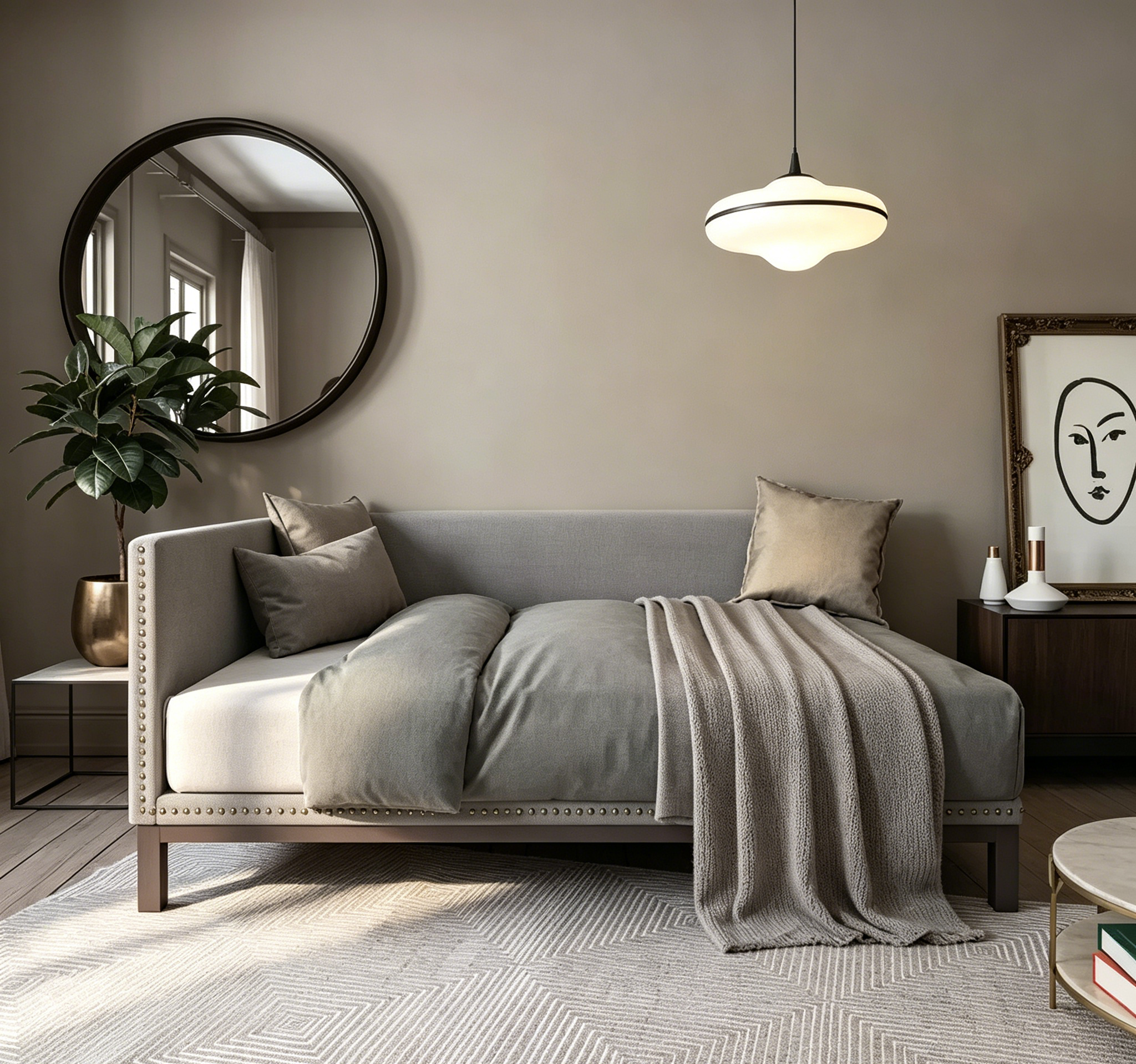 Banquette-lit moderne du milieu du siècle, revêtue de tissu de lin avec des clous décoratifs