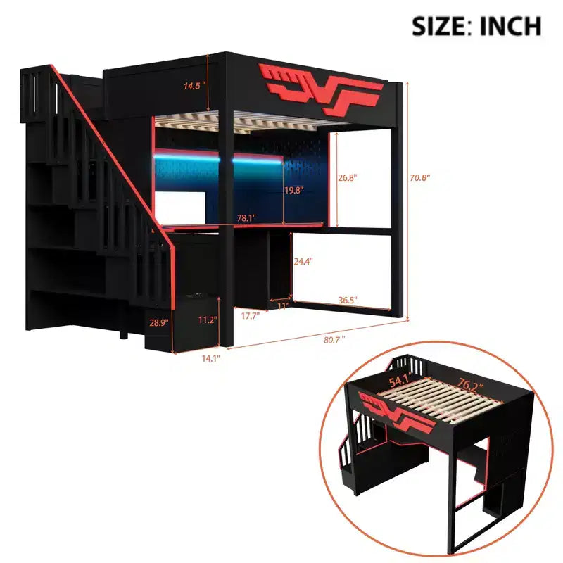 Lit mezzanine pleine grandeur pour gamer avec bureau et lumière LED, lit surélevé pleine grandeur en bois avec escalier de rangement et USB, rouge + noir