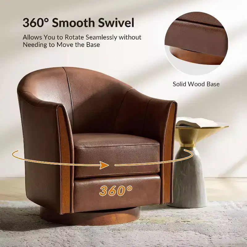 Fauteuil club pivotant en cuir véritable Pocono avec piétement en bois massif, lot de 2Artful Living Design
