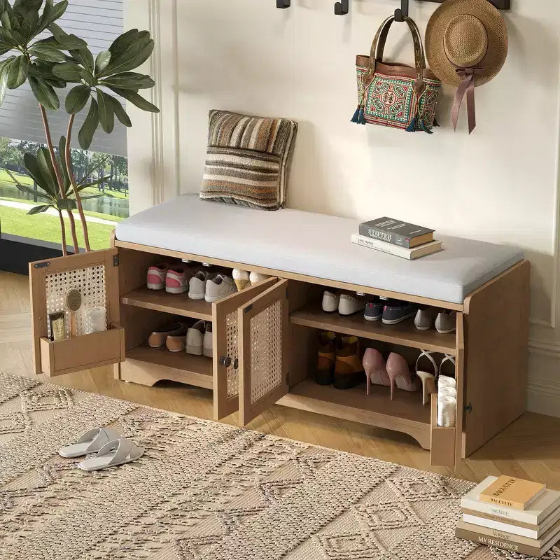 Banc de rangement rustique en bois Whisen, banc à chaussures d'entrée avec coussin amovible, étagères réglables