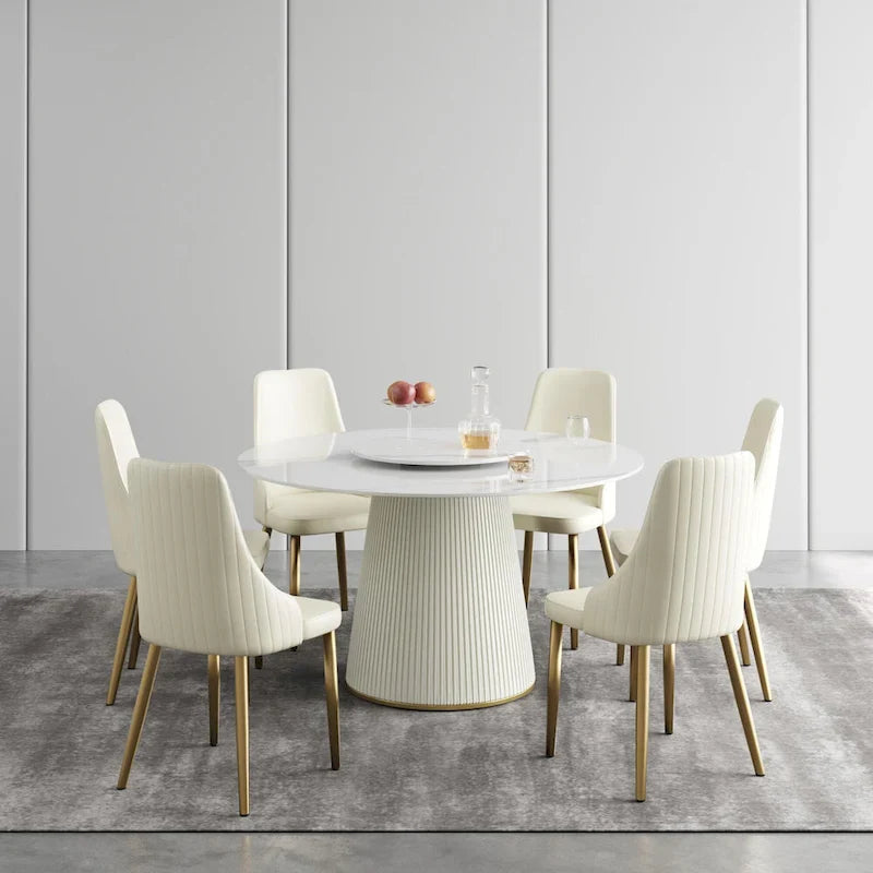 Table à manger ronde de 53 po pour 6 personnes avec plateau en pierre sintérisée et plateau tournant