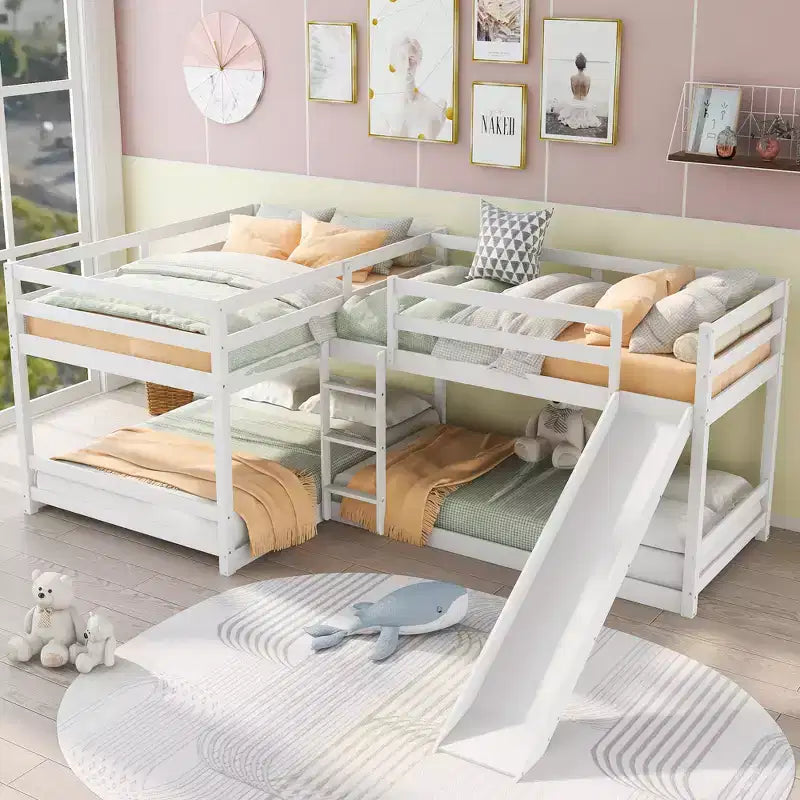 Lits superposés en L pour 4 enfants, lits superposés quadruples avec toboggan, lits superposés en bois doubles et jumeaux pour chambre à coucher ou dortoir
