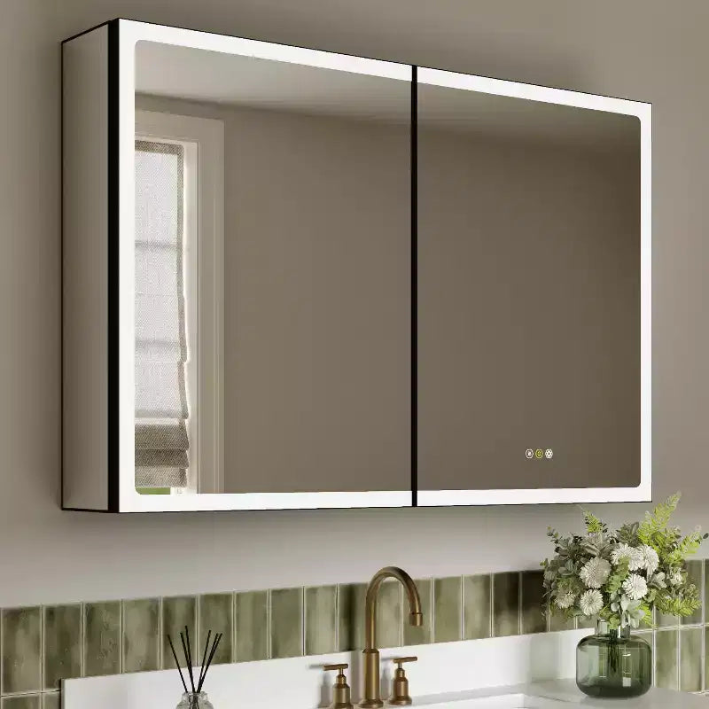 Armoire de toilette avec miroir LED, montage en saillie ou encastré, lumière dimmable, anti-buée, étagères réglables