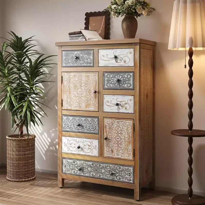 Commode d'appoint vintage en bois avec 6 tiroirs et 2 placards, commode de rangement sculptée multicolore rustique pour salon
