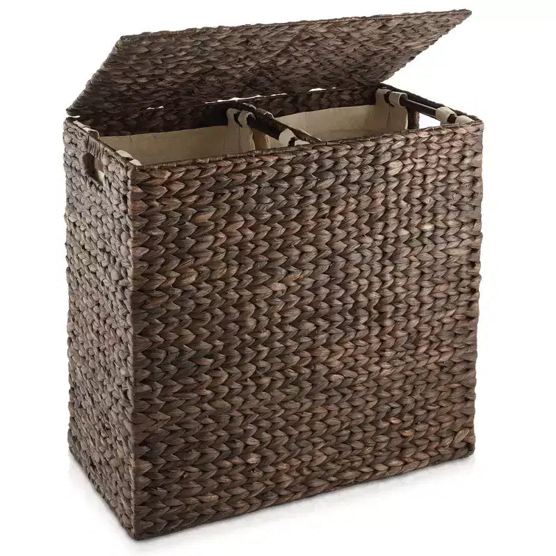 Panier à linge Casafield à 2 sections avec couvercle et sacs de doublure amovibles, trieur de linge tressé en jacinthe d'eau pour vêtements