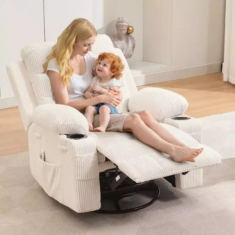 Fauteuil Inclinable Pivotant avec Massage et Chaleur, Fauteuil à Bascule 360° avec Porte-Gobelets et Poches Latérales, Canapé Ergonomique pour Salon, Camping-car, Chambre de Bébé