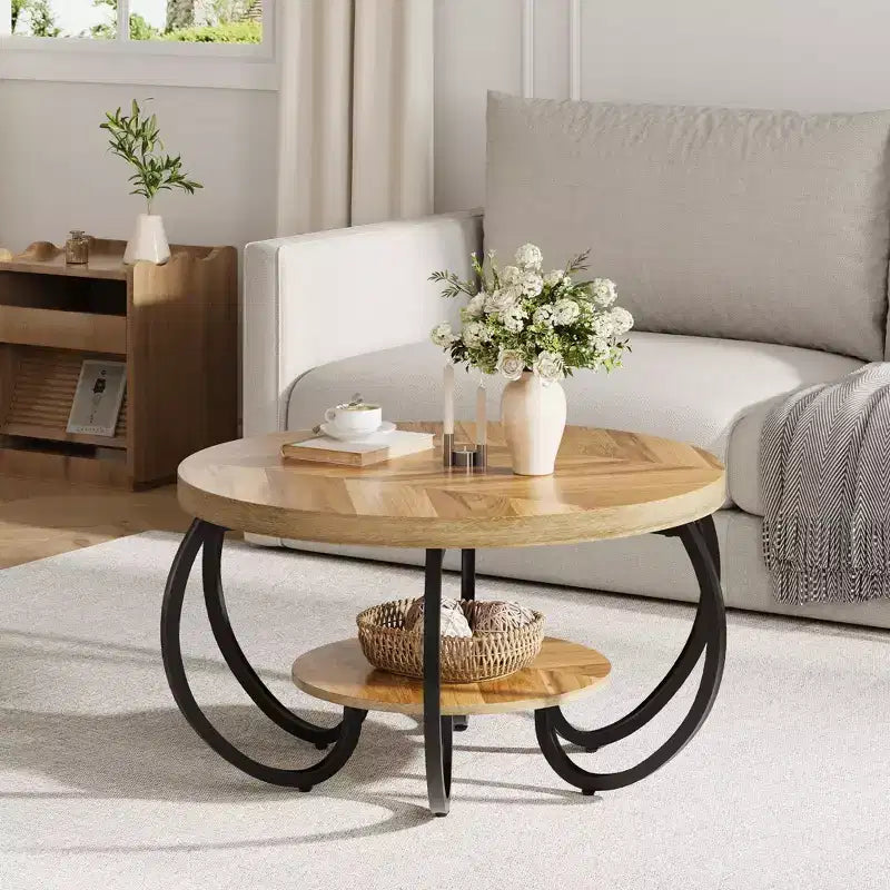 Table basse industrielle ronde de 30 pouces à 2 niveaux avec pieds réglables, étagère à grain de bois, motif flamme, assemblage facile, salon